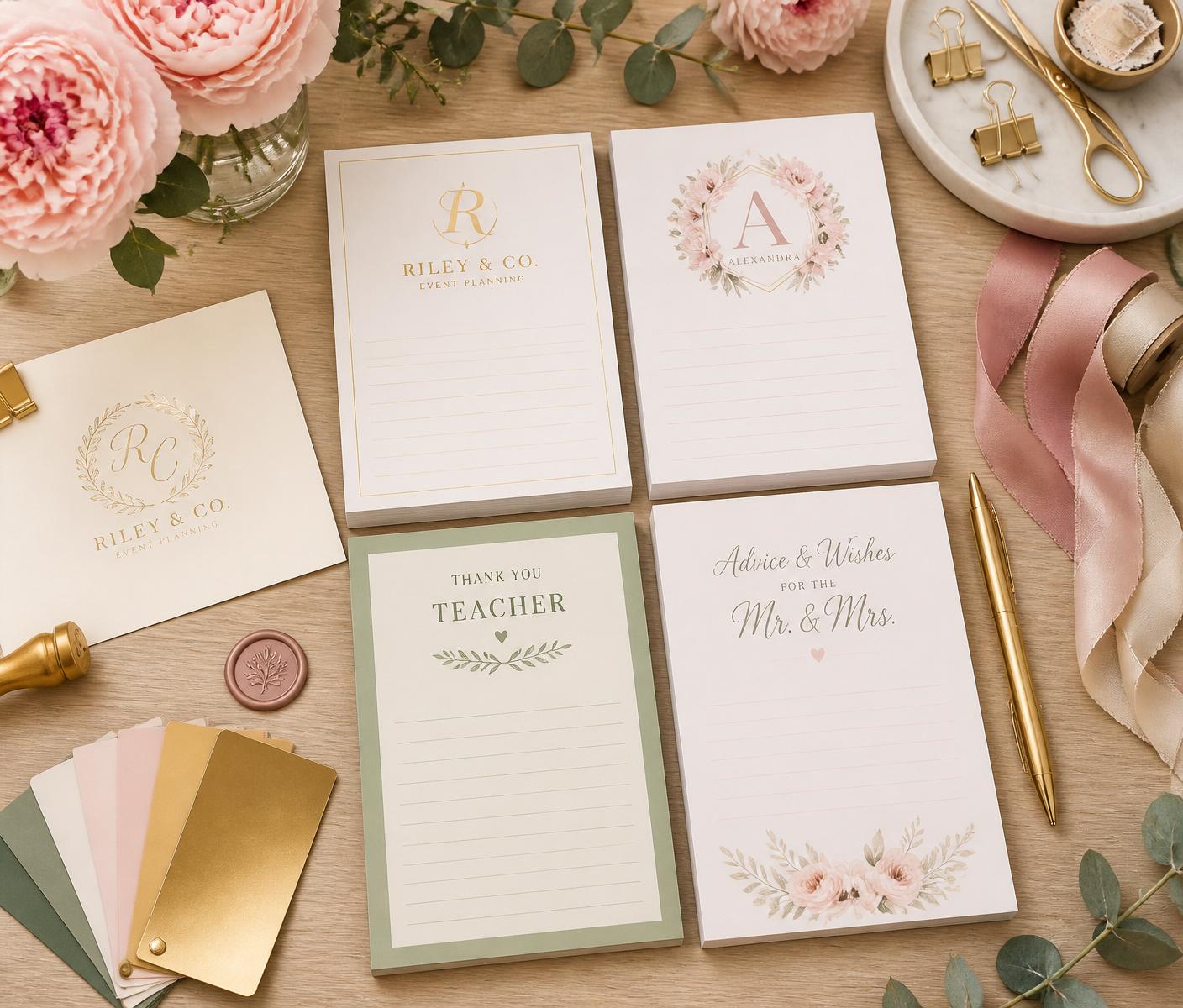 Custom personalized notepads with logos, floral monogram, teacher and wedding designs styled on a light oak desk